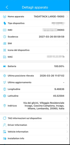 Elenco dispositivi TagAttack nella app